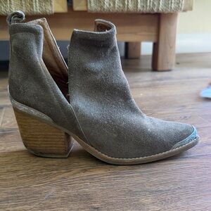 Jeffrey Campbell Olive Taupe Suede Ankle Booties with Stacked Heel